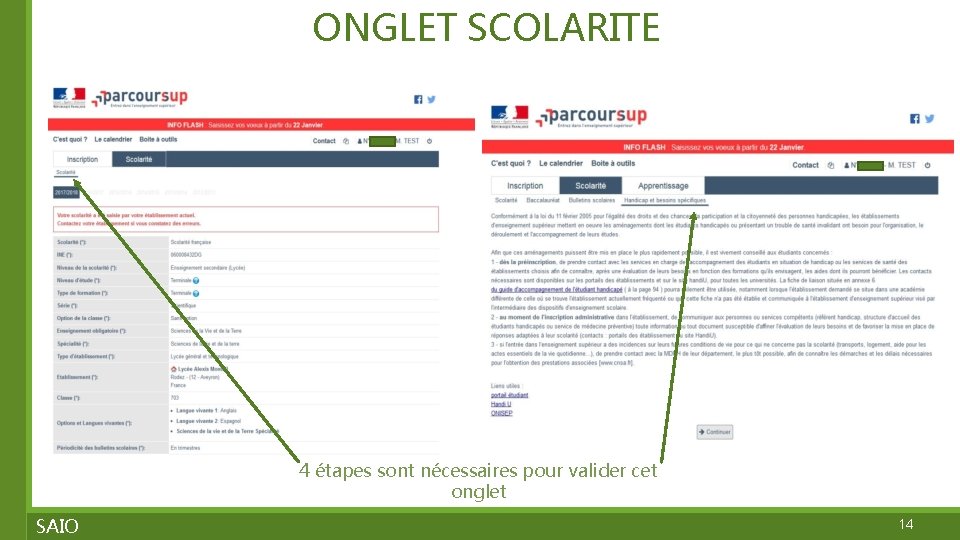 ONGLET SCOLARITE 4 étapes sont nécessaires pour valider cet onglet SAIO 14 