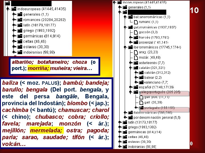 10 albariño; botafumeiro; choza (o port. ); morriña; muñeira; vieira… baliza (< moz. PALUS);