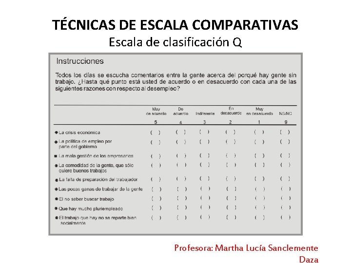 TÉCNICAS DE ESCALA COMPARATIVAS Escala de clasificación Q Profesora: Martha Lucía Sanclemente Daza 