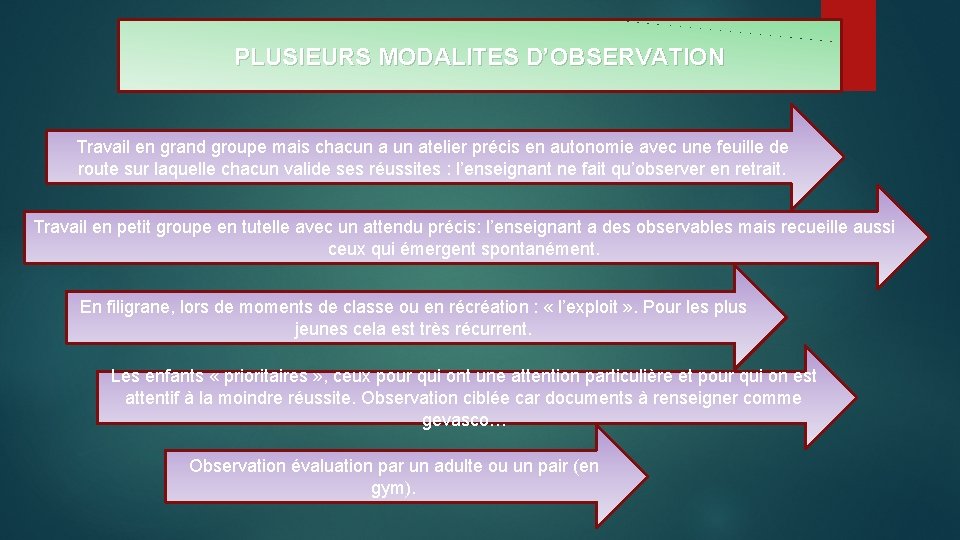 PLUSIEURS MODALITES D’OBSERVATION Travail en grand groupe mais chacun atelier précis en autonomie avec