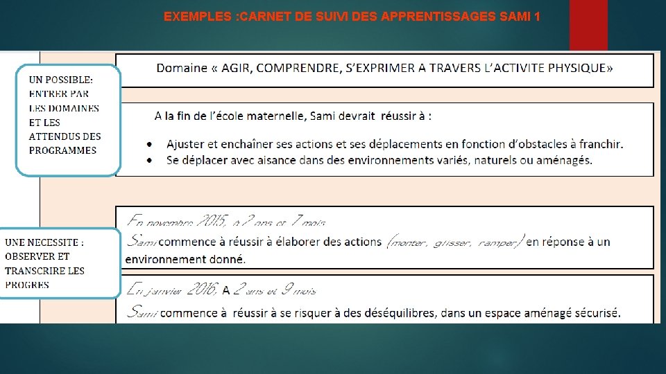EXEMPLES : CARNET DE SUIVI DES APPRENTISSAGES SAMI 1 