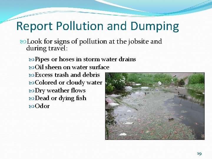 Report Pollution and Dumping Look for signs of pollution at the jobsite and during