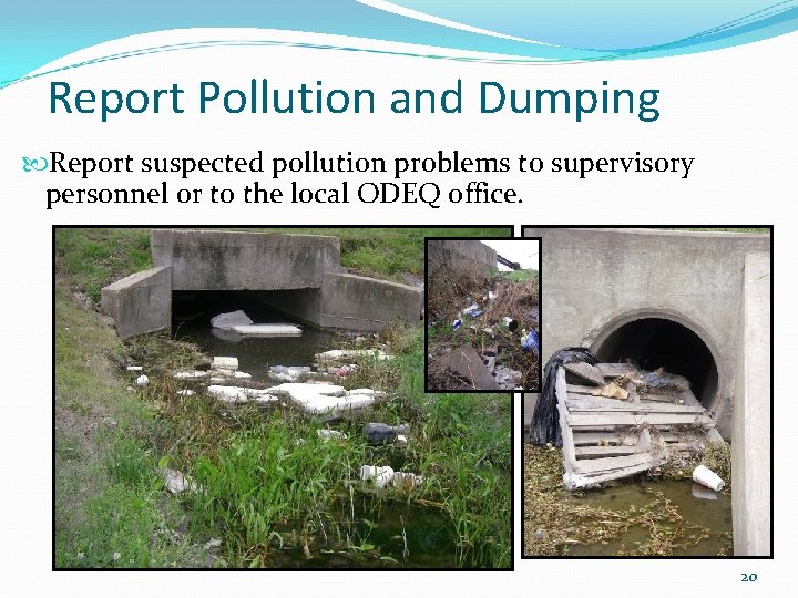 Report Pollution and Dumping Report suspected pollution problems to supervisory personnel or to the