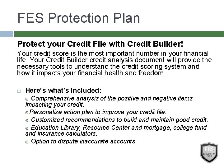 FES Protection Plan Protect your Credit File with Credit Builder! Your credit score is