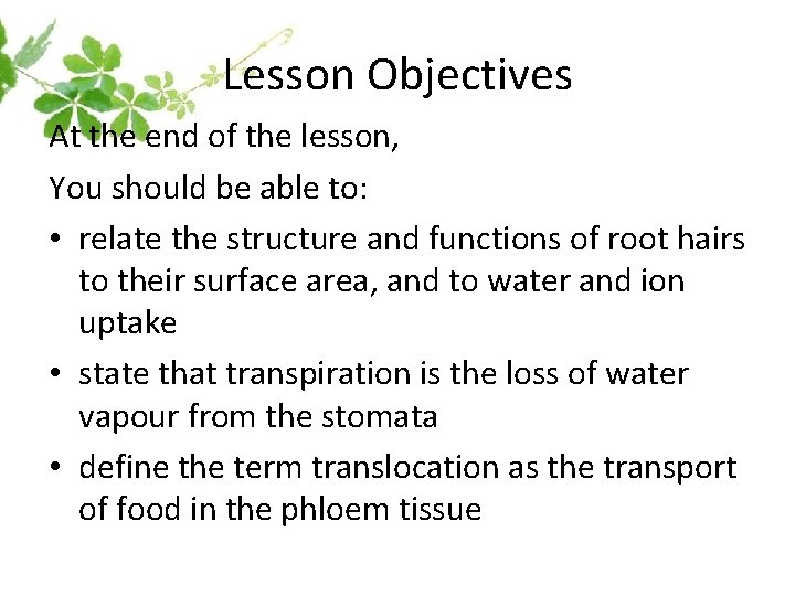 Lesson Objectives At the end of the lesson, You should be able to: •