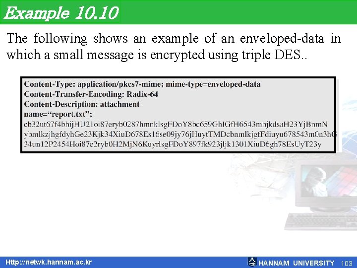 Example 10. 10 The following shows an example of an enveloped-data in which a