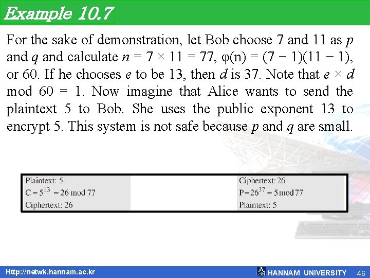 Example 10. 7 For the sake of demonstration, let Bob choose 7 and 11