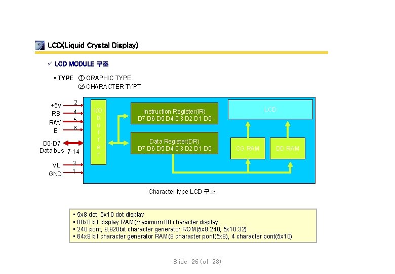 LCD(Liquid Crystal Display) ü LCD MODULE 구조 • TYPE ① GRAPHIC TYPE ② CHARACTER