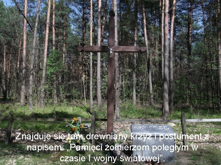 Znajduje się tam drewniany krzyż i postument z napisem: „Pamięci żołnierzom poległym w czasie