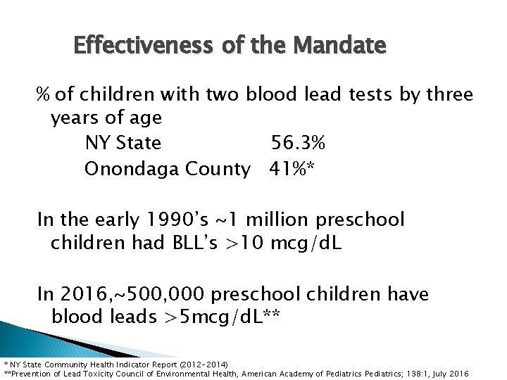 Effectiveness of the Mandate % of children with two blood lead tests by three