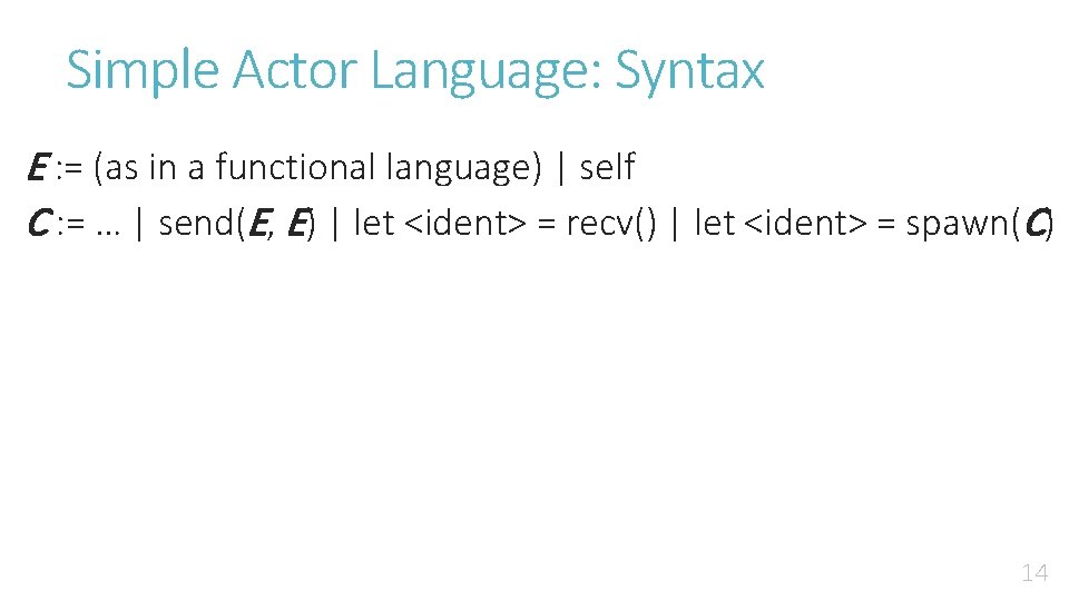 Simple Actor Language: Syntax E : = (as in a functional language) | self Simple Actor Language: Syntax E : = (as in a functional language) | self