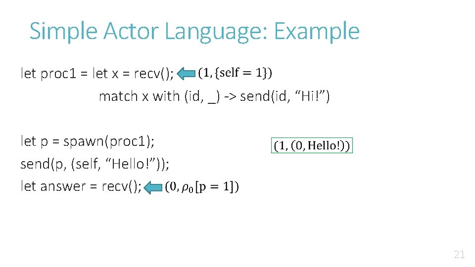 Simple Actor Language: Example let proc 1 = let x = recv(); match x Simple Actor Language: Example let proc 1 = let x = recv(); match x