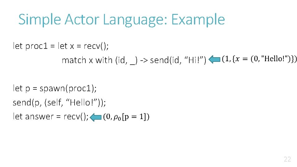 Simple Actor Language: Example let proc 1 = let x = recv(); match x Simple Actor Language: Example let proc 1 = let x = recv(); match x