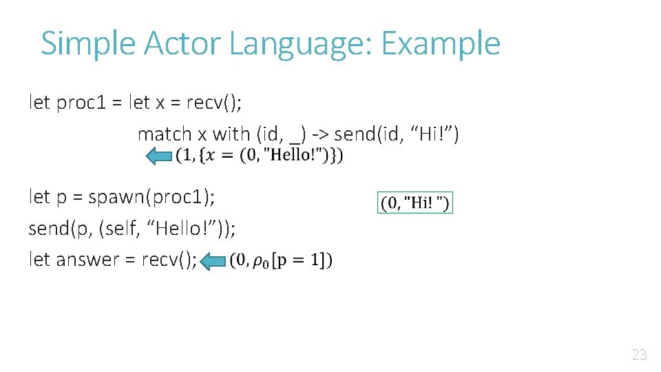 Simple Actor Language: Example let proc 1 = let x = recv(); match x Simple Actor Language: Example let proc 1 = let x = recv(); match x