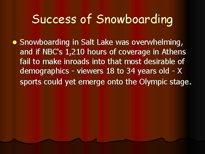 Success of Snowboarding l Snowboarding in Salt Lake was overwhelming, and if NBC's 1,