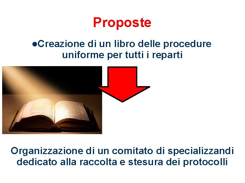 Proposte Creazione di un libro delle procedure uniforme per tutti i reparti Organizzazione di