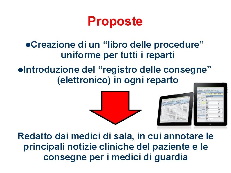 Proposte Creazione di un “libro delle procedure” uniforme per tutti i reparti Introduzione del