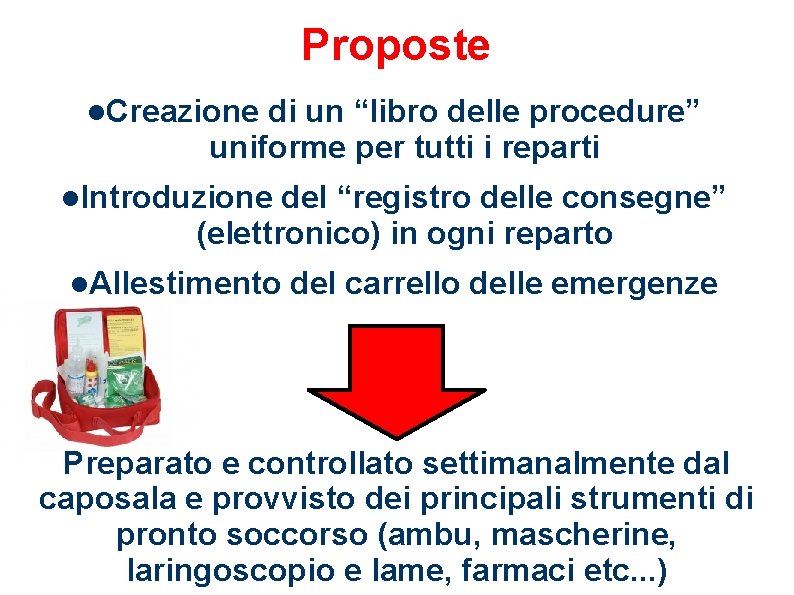 Proposte Creazione di un “libro delle procedure” uniforme per tutti i reparti Introduzione del