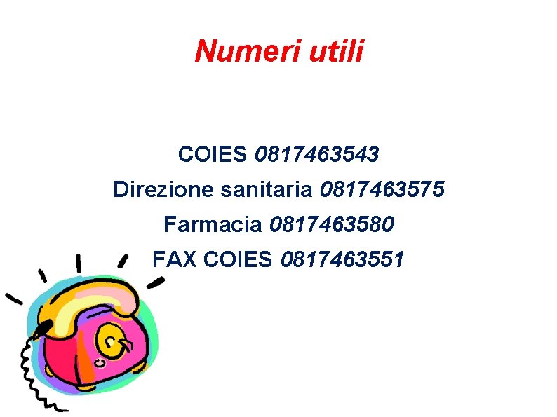 Numeri utili COIES 0817463543 Direzione sanitaria 0817463575 Farmacia 0817463580 FAX COIES 0817463551 