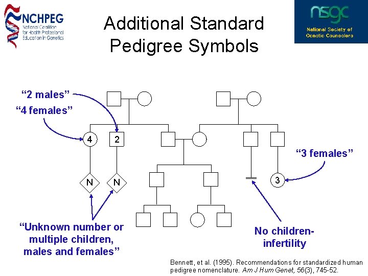 Additional Standard Pedigree Symbols “ 2 males” “ 4 females” 4 2 “ 3