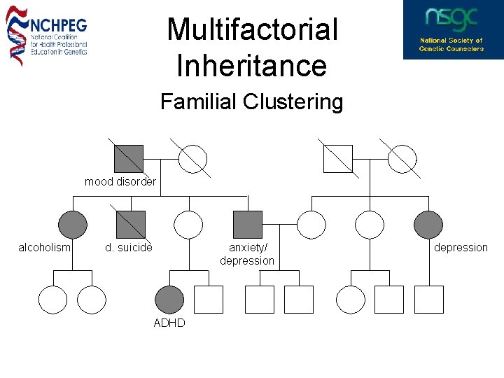 Multifactorial Inheritance Familial Clustering mood disorder alcoholism d. suicide anxiety/ depression ADHD depression 
