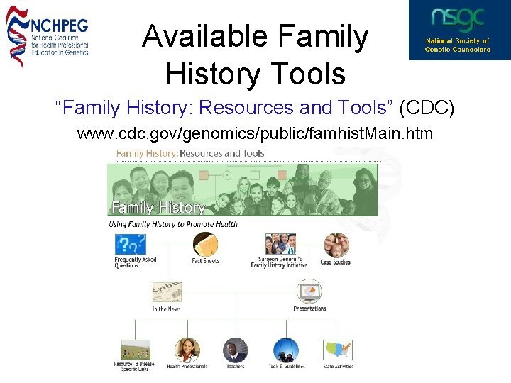 Available Family History Tools “Family History: Resources and Tools” (CDC) www. cdc. gov/genomics/public/famhist. Main.