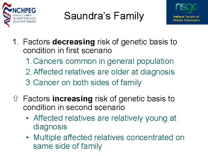 Saundra’s Family 1. Factors decreasing risk of genetic basis to condition in first scenario