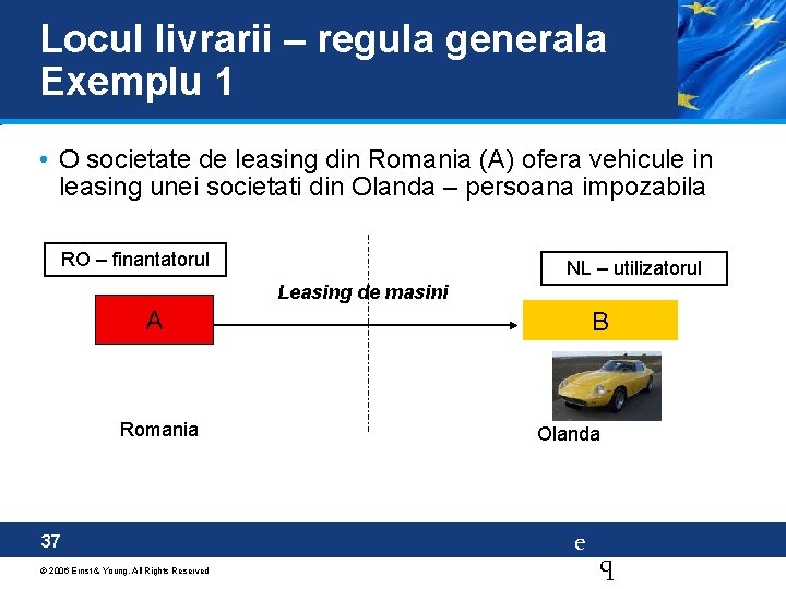 Locul livrarii – regula generala Exemplu 1 • O societate de leasing din Romania