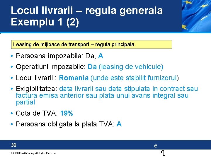 Locul livrarii – regula generala Exemplu 1 (2) Leasing de mijloace de transport –