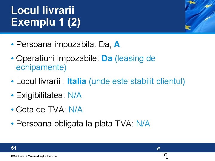 Locul livrarii Exemplu 1 (2) • Persoana impozabila: Da, A • Operatiuni impozabile: Da