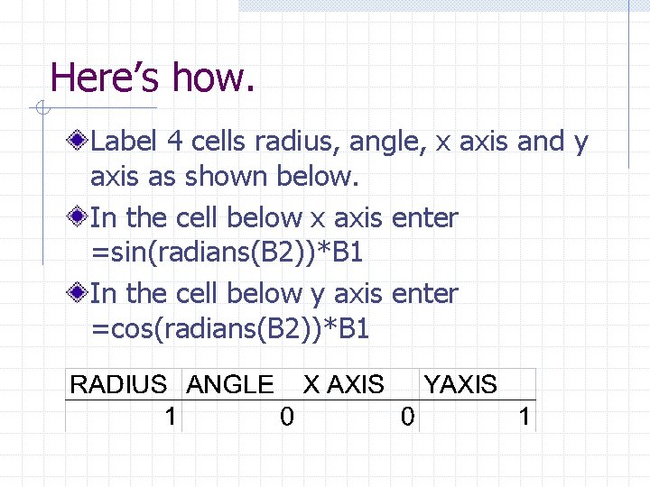 Here’s how. Label 4 cells radius, angle, x axis and y axis as shown