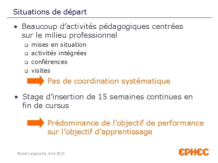 Situations de départ • Beaucoup d’activités pédagogiques centrées sur le milieu professionnel q q