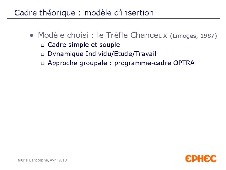 E Cadre théorique : modèle d’insertion • Modèle choisi : le Trèfle Chanceux (Limoges,