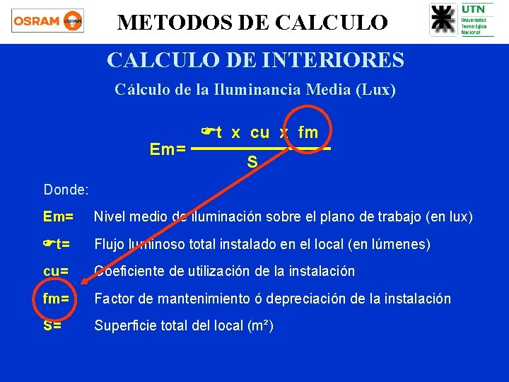 METODOS DE CALCULO DE INTERIORES Cálculo de la Iluminancia Media (Lux) Em= Ft x