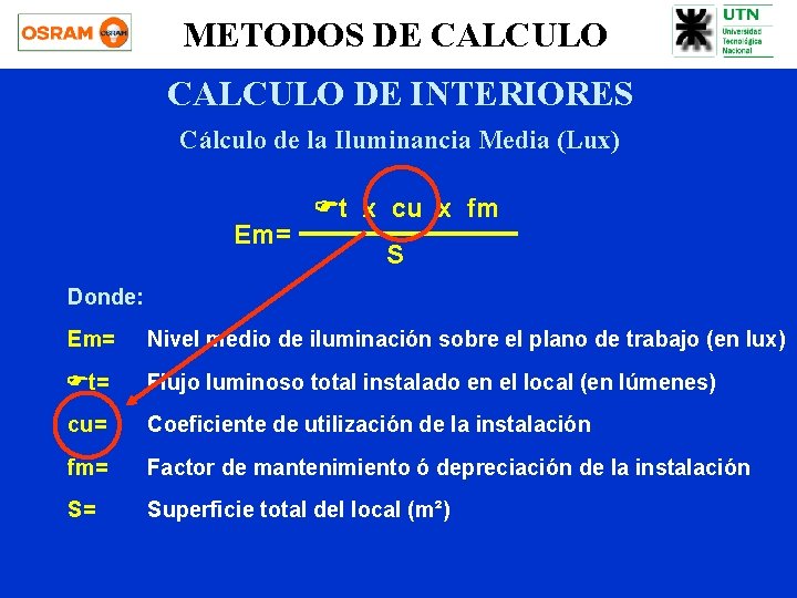 METODOS DE CALCULO DE INTERIORES Cálculo de la Iluminancia Media (Lux) Em= Ft x