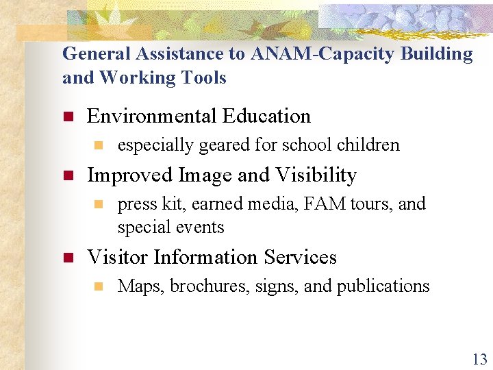 General Assistance to ANAM-Capacity Building and Working Tools n Environmental Education n n Improved