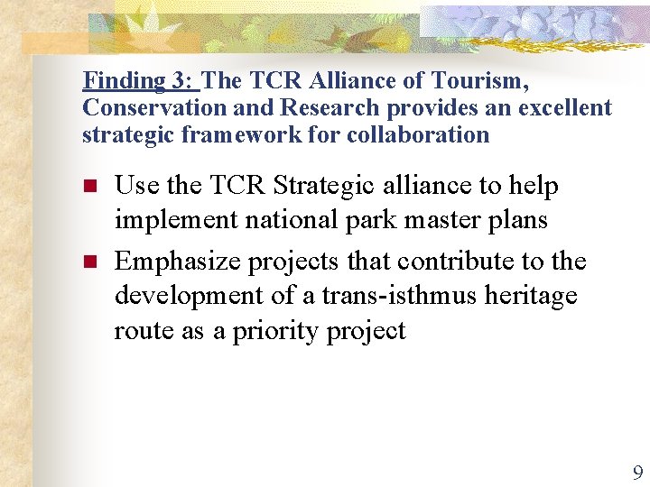 Finding 3: The TCR Alliance of Tourism, Conservation and Research provides an excellent strategic