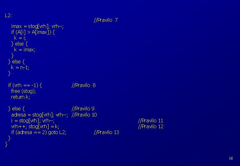 L 2: imax = stog[vrh]; vrh--; if (A[i] > A[imax]) { k = i;