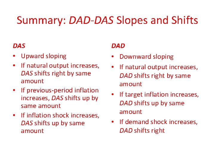 Summary: DAD-DAS Slopes and Shifts DAS • Upward sloping • If natural output increases,