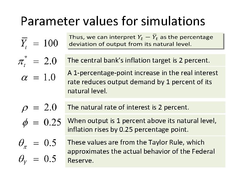 Parameter values for simulations The central bank’s inflation target is 2 percent. A 1