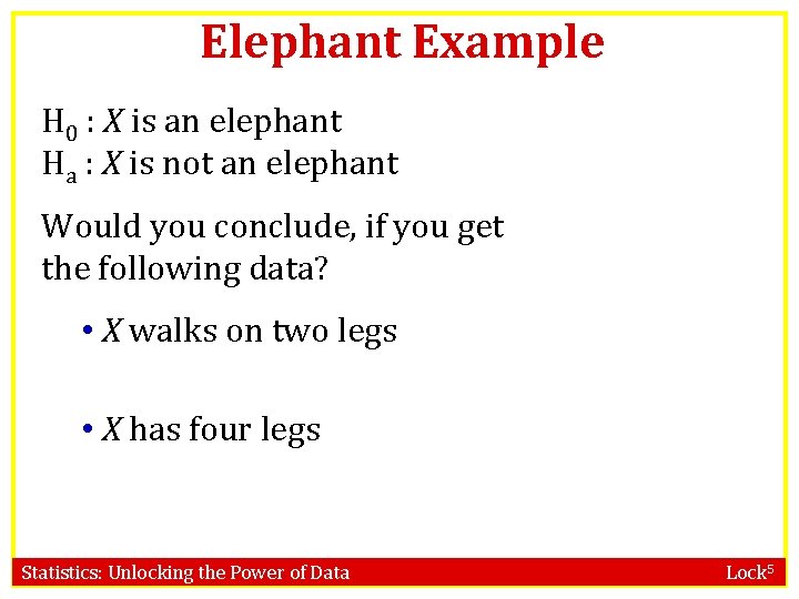 Elephant Example H 0 : X is an elephant Ha : X is not