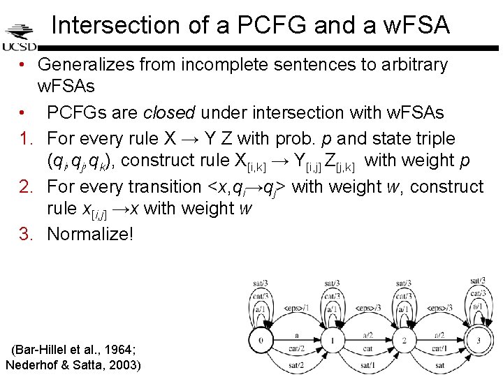 Intersection of a PCFG and a w. FSA • Generalizes from incomplete sentences to Intersection of a PCFG and a w. FSA • Generalizes from incomplete sentences to