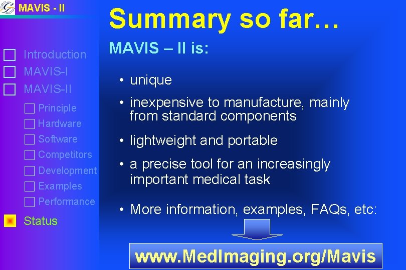 MAVIS - II c Introduction c MAVIS-II c Principle c Hardware c Software c MAVIS - II c Introduction c MAVIS-II c Principle c Hardware c Software c