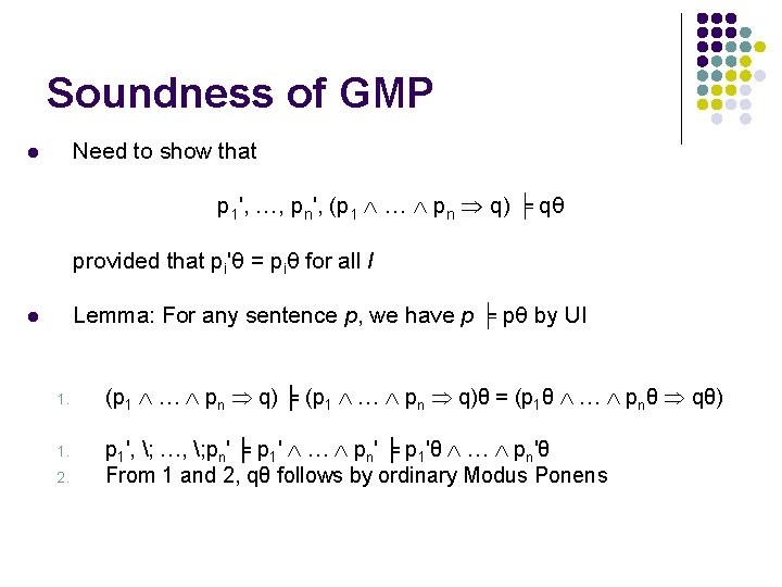 Soundness of GMP Need to show that l p 1', …, pn', (p 1