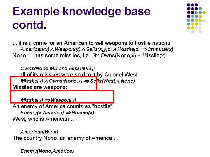 Example knowledge base contd. . it is a crime for an American to sell