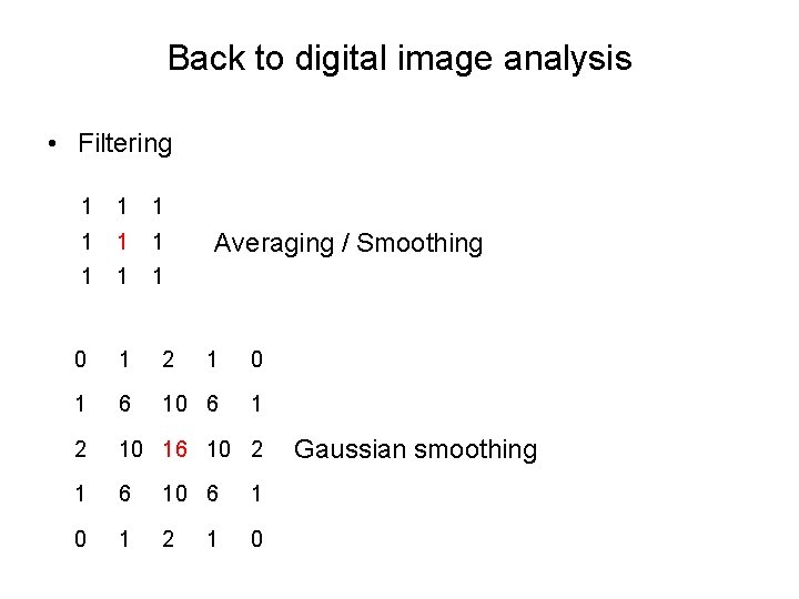 Back to digital image analysis • Filtering 1 1 1 1 1 0 1