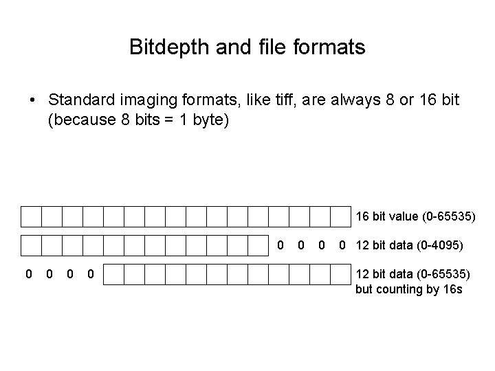 Bitdepth and file formats • Standard imaging formats, like tiff, are always 8 or