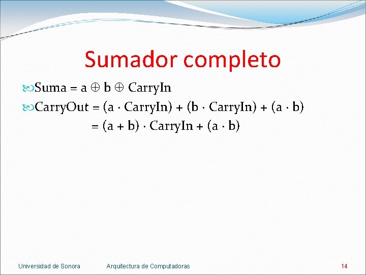 Sumador completo Suma = a b Carry. In Carry. Out = (a · Carry.