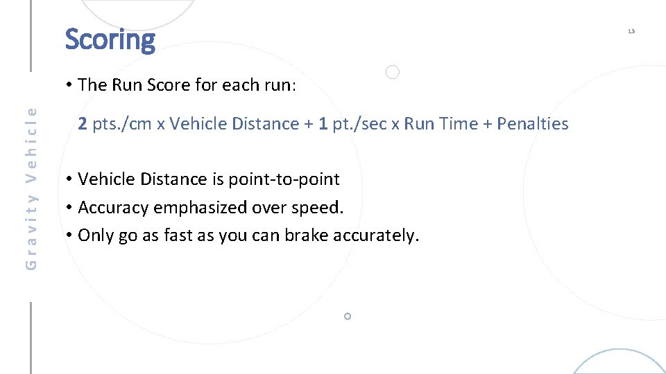 Scoring Gravity Vehicle • The Run Score for each run: 2 pts. /cm x