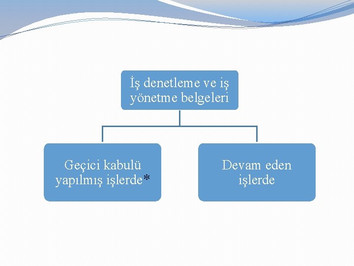İş denetleme ve iş yönetme belgeleri Geçici kabulü yapılmış işlerde* Devam eden işlerde 